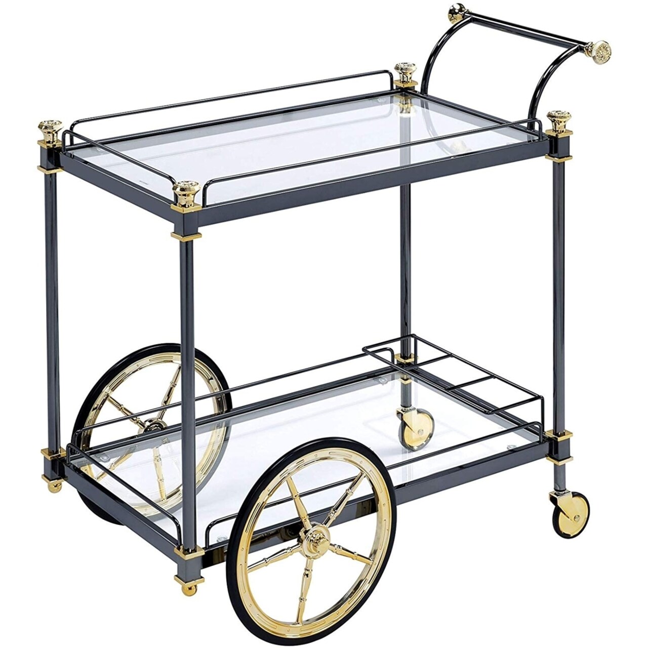 ACME Metal Framed Serving Cart with Glass Shelves and Side Handle, Black and Gold- Saltoro Sherpi